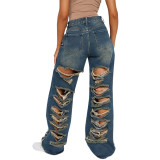 Sexy Little Stretch Ripped Holes Wide Leg Fashion Denim Pants