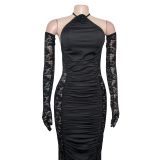 Elegant Solid Long Gloves Hollow Lace Patchwork Evening Dress