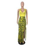 Print Contrast Color Sleeveless V-Neck Slit Maxi Dress
