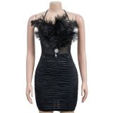 Fashion Solid Feather Trim Strapless Ruched Bodycon Dress