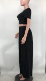 Solid Crop Top and Wide Leg Pants Casual 2PCS Set