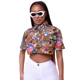 Cartoon Print Turndown Collar Short Sleeve Shirt Top