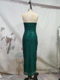 Strapless Sequin Green Slit Midi Party Dress