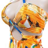 Print Halter Lace Up Cutout Slit Maxi Dress
