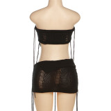 Sexy Hollow Knit Strapless Irregular Top and Bodycon Mini Skirt 2PCS Set