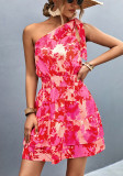Floral Print Shirred Slash Shoulder Casual Dress