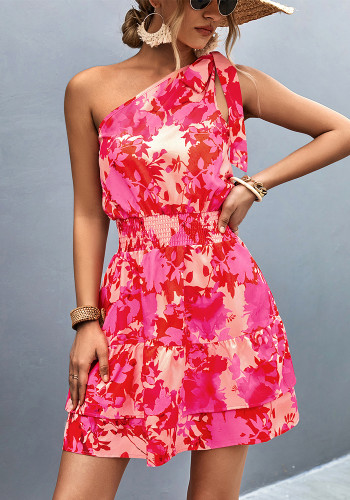 Floral Print Shirred Slash Shoulder Casual Dress