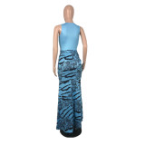 Print Contrast Color Sleeveless V-Neck Slit Maxi Dress