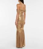 Sexy Golden Off Shoulder Ruched Evening Gown Slim Maxi Dress