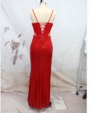 Sexy Red Slit Bridesmaid Red Lace Up Back Evening Dress