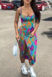 Summer Drawstring Slit Print Cami Sexy Dress
