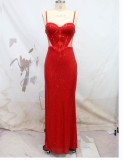 Sexy Red Slit Bridesmaid Red Lace Up Back Evening Dress