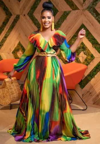 Colorful V-Neck Ruffle Pleated A-Line Maxi Dress