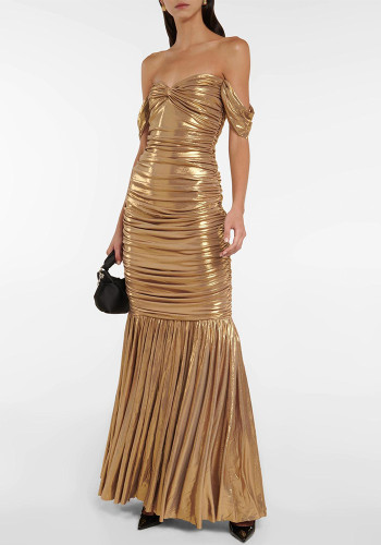 Sexy Golden Off Shoulder Ruched Evening Gown Slim Maxi Dress