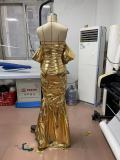 Sexy Golden Off Shoulder Ruched Evening Gown Slim Maxi Dress