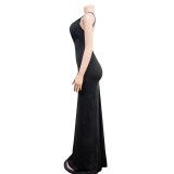 Pur Color Backless Deep-V Ruched Cami Maxi Evening Dress