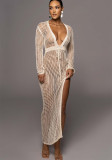 Sexy Hollow Out Plunge Neck Slit Knitted Beach Dress