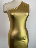 Sexy Slash Shoulder Metallic Shiny Sleeveless Bodycon Dress