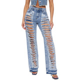 Sexy Little Stretch Ripped Holes Wide Leg Fashion Jeans