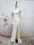 White Off Shoulder Slit Trailing Evening Dress