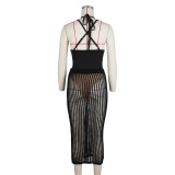 Sexy Beachwear Straps Crotch Patchwork Bodysuit Top & Hollow Knitted Skirt 2PCS Set
