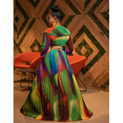 Colorful V-Neck Ruffle Pleated A-Line Maxi Dress