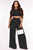 Solid Crop Top and Wide Leg Pants Casual 2PCS Set