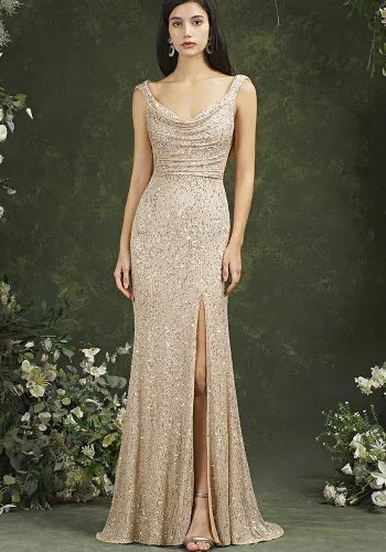 Sexy Cowl Neck Sequin Slit Evening Dress