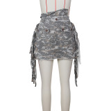 Trendy Camo Print Tassel Mini Skirt