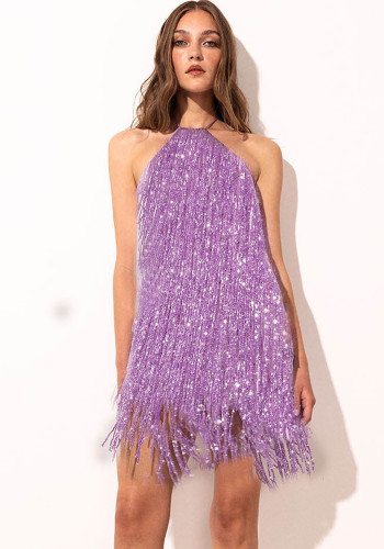 Glitter Halter Sleeveless Tassel Party Dress