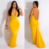 Pur Color Backless Deep-V Ruched Cami Maxi Evening Dress