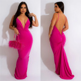 Pur Color Backless Deep-V Ruched Cami Maxi Evening Dress