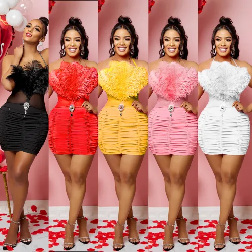 Fashion Solid Feather Trim Strapless Ruched Bodycon Dress