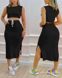 Sleeveless Crop Top and Drawstring Sweat Skirt Casual Two Piece Set