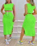 Sleeveless Crop Top and Drawstring Sweat Skirt Casual Two Piece Set