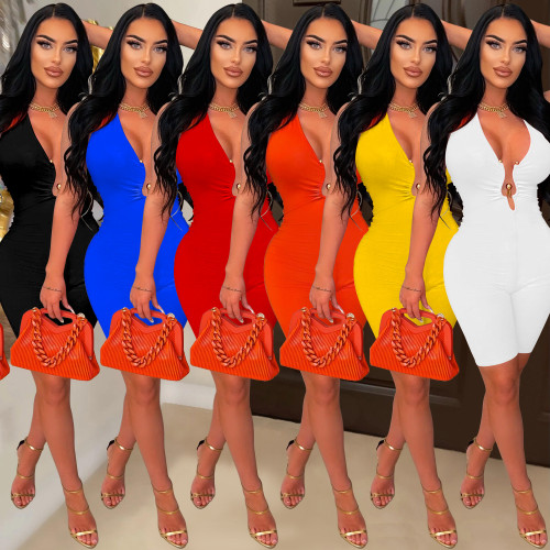 Pure Color Low Back Plunge Neck Halter Sleeveless Sexy Rompers