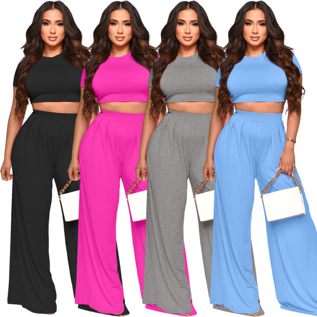 Solid Crop Top and Wide Leg Pants Casual 2PCS Set