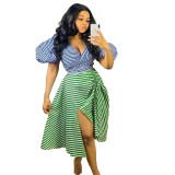 Irregular Striped Contrast Color Slit Plus Size Casual Skirt Set