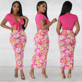 Summer 2PCS Set Solid Tie Front Short Sleeve Crop Top and Floral Print Skirt