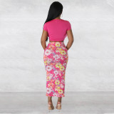 Summer 2PCS Set Solid Tie Front Short Sleeve Crop Top and Floral Print Skirt