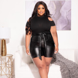 Plus Size Solid Cold Shoulder Short Sleeve Top PU Leather Shorts 2PCS Set