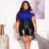 Plus Size Solid Cold Shoulder Short Sleeve Top PU Leather Shorts 2PCS Set