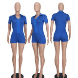 Sexy Solid Turndown Collar Short Sleeve Zipper Ribbed Rompers