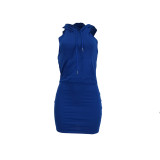 Casual Hooded Low Back Dress with Front Pocket