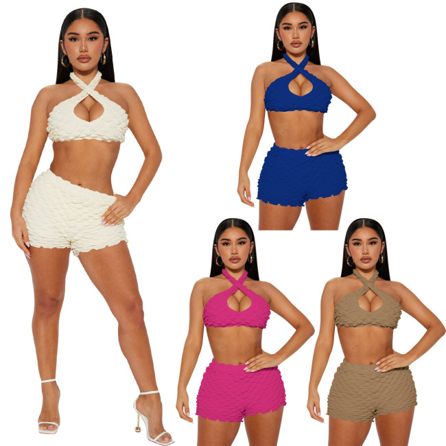 Sexy Halter Neck Crop Top Two-Piece Shorts Set