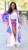 Hot Sale Summer Print Chic Long Cardigan and Shorts Two Piece Set