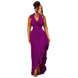Solid Halter Neck Sexy Low Back Ruffles Maxi Dress