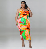 Sexy Plus Size Floral Print One Shoulder Cutout Bodycon Long Dress