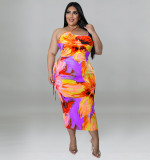 Sexy Plus Size Floral Print One Shoulder Cutout Bodycon Long Dress