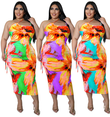 Sexy Plus Size Floral Print One Shoulder Cutout Bodycon Long Dress